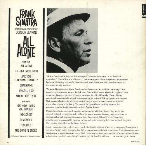 Frank Sinatra All Alone vinyl LP album (LP record) US FRSLPAL737603