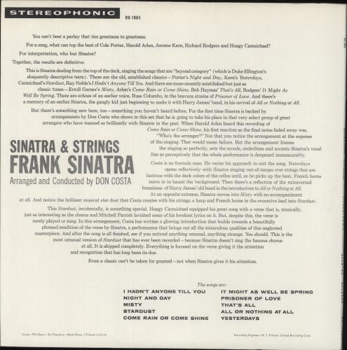 Frank Sinatra Sinatra & Strings vinyl LP album (LP record) US FRSLPSI888266