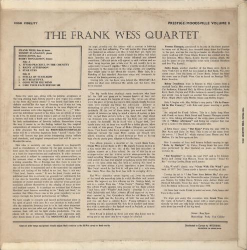 Frank Wess The Frank Wess Quartet vinyl LP album (LP record) UK FWELPTH512025