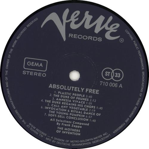 Frank Zappa Absolutely Free vinyl LP album (LP record) German ZAPLPAB416596