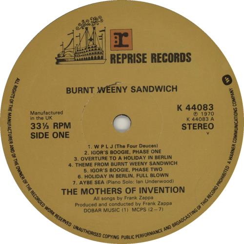 Frank Zappa Burnt Weeny Sandwich vinyl LP album (LP record) UK ZAPLPBU500404