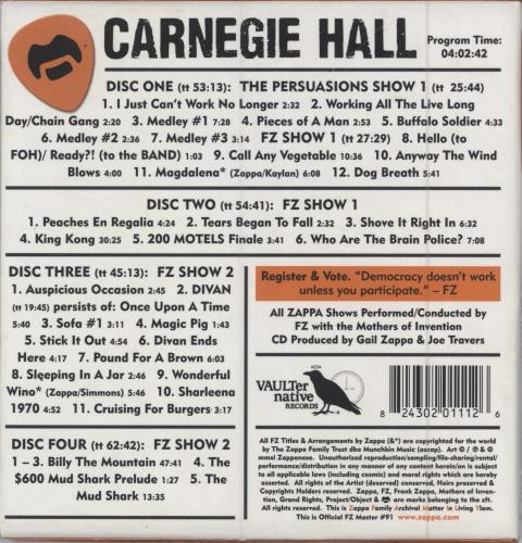 Frank Zappa Carnegie Hall CD Album Box Set US ZAPDXCA781794