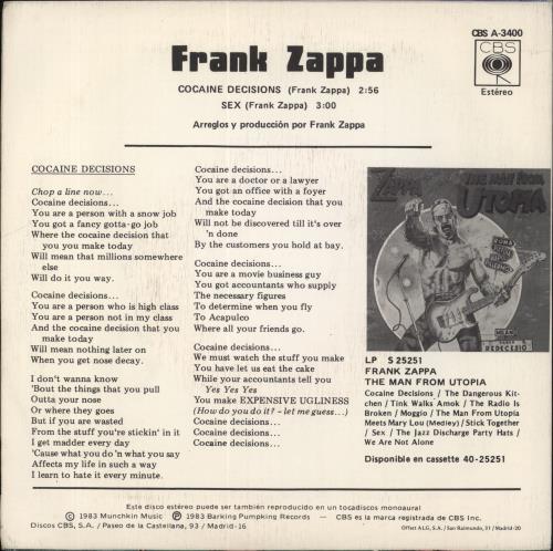 Frank Zappa Cocaine Decisions 7" vinyl single (7 inch record / 45) Spanish ZAP07CO819056