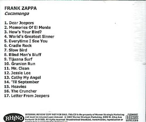 Frank Zappa Cucamonga CD-R acetate US ZAPCRCU299391