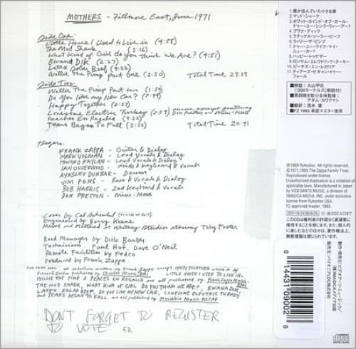 Frank Zappa Fillmore East CD album (CDLP) Japanese ZAPCDFI201114