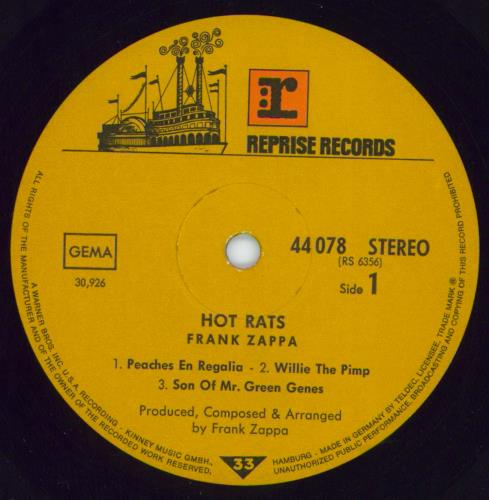 Frank Zappa Hot Rats - VG vinyl LP album (LP record) German ZAPLPHO800720