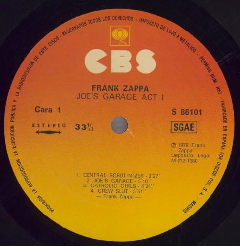 Frank Zappa Joe's Garage Act I vinyl LP album (LP record) Spanish ZAPLPJO819352