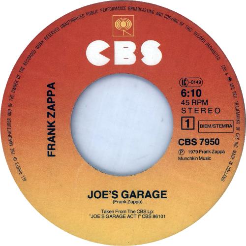Frank Zappa Joe's Garage 7" vinyl single (7 inch record / 45) Dutch ZAP07JO83167
