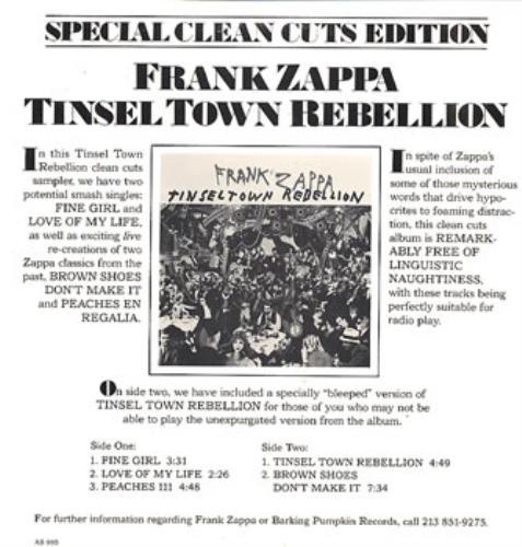 Frank Zappa Tinseltown Rebellion Special Clean Cuts Edition 12" vinyl single (12 inch record / Maxi-single) US ZAP12TI312878