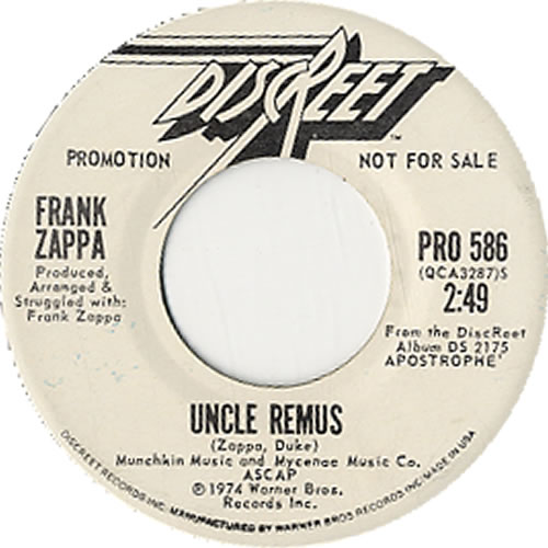 Frank Zappa Uncle Remus 7" vinyl single (7 inch record / 45) US ZAP07UN136562