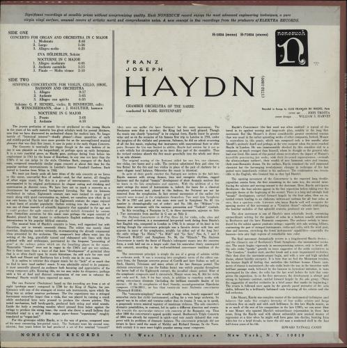 Franz Joseph Haydn Concerto For Organ And Orchestra / Sinfonia Concertante / Nocturnes vinyl LP album (LP record) US HJYLPCO751594