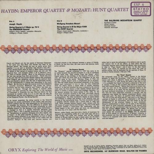 Franz Joseph Haydn Emperor Quartet & MOZART Hunt Quartet vinyl LP album (LP record) UK HJYLPEM760507