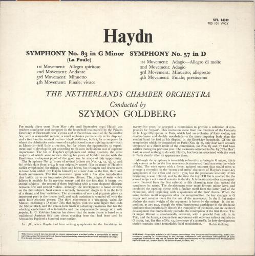 Franz Joseph Haydn Symphony No. 83 in G Minor "La Poule" / Symphony No. 57 in D vinyl LP album (LP record) UK HJYLPSY711410
