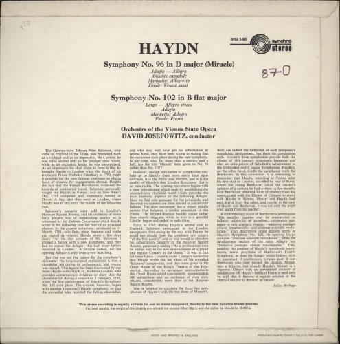 Franz Joseph Haydn Symphony No. 96 in D Major (Miracle) / Symphony No. 102 in B Flat Major vinyl LP album (LP record) UK HJYLPSY702116
