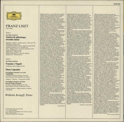 Franz Liszt Seconde Ann�e De P�lerinage � Deux L�gendes vinyl LP album (LP record) UK LK6LPSE878638