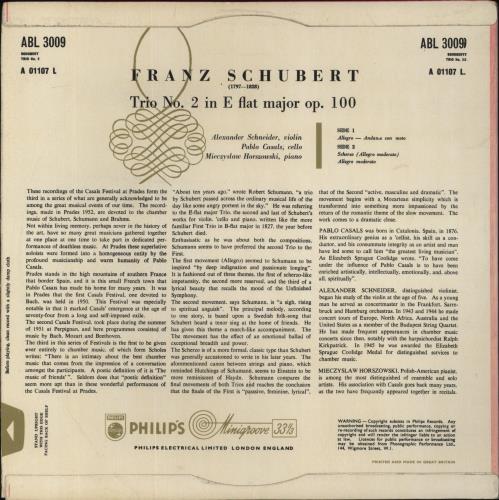Franz Schubert Schubert: Trio No 2 In E Flat Major Opus 100 / Prades 1952 Festival vinyl LP album (LP record) UK FT2LPSC862432