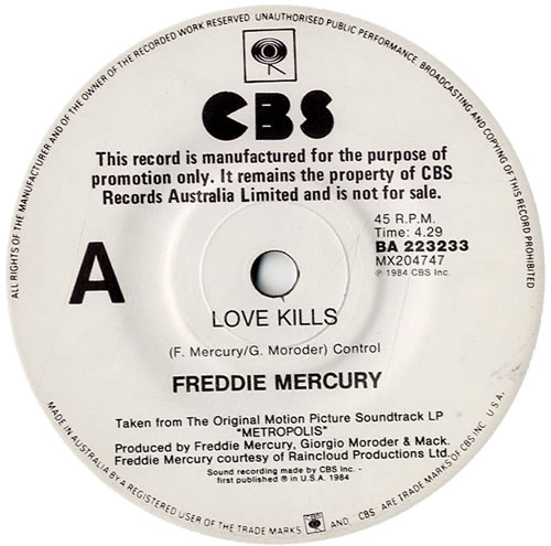 Freddie Mercury Love Kills 7" vinyl single (7 inch record / 45) Australian MER07LO585655