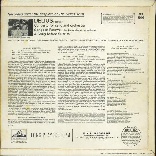 Frederick Delius Delius: Cello Concerto, Songs of Farewell & A Song Before Sunrise - 'Nipper' Stamp Label vinyl LP album (LP record) UK DUHLPDE771693