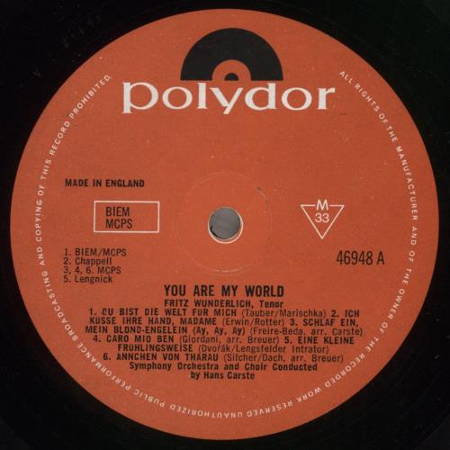 Fritz Wunderlich You Are My World vinyl LP album (LP record) UK FS4LPYO763570