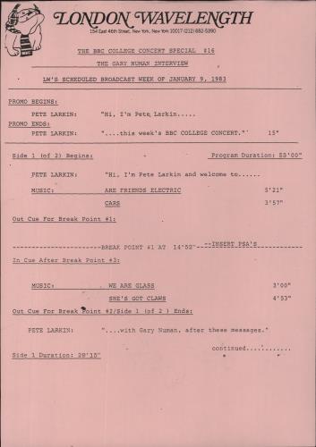 Gary Numan BBC College Concert Special #16 vinyl LP album (LP record) US NUMLPBB807878