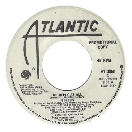 Genesis No Reply At All 7" vinyl single (7 inch record / 45) Canadian GEN07NO94684