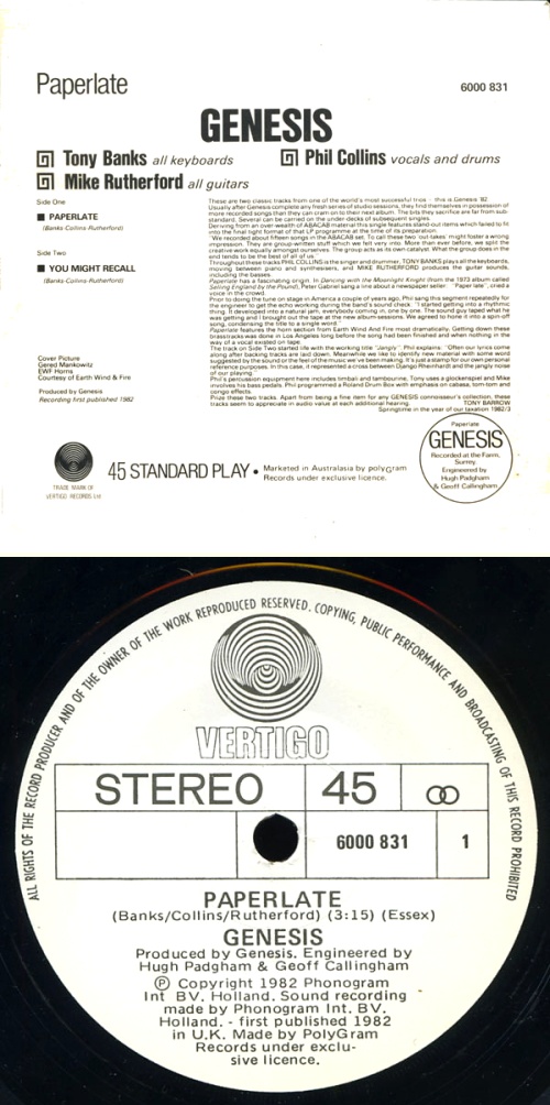 Genesis Paperlate 7" vinyl single (7 inch record / 45) Australian GEN07PA610048