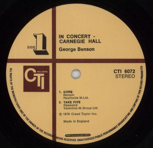 George Benson In Concert - Carnegie Hall vinyl LP album (LP record) UK GBELPIN352591