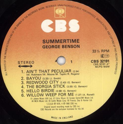 George Benson Summertime vinyl LP album (LP record) UK GBELPSU679513