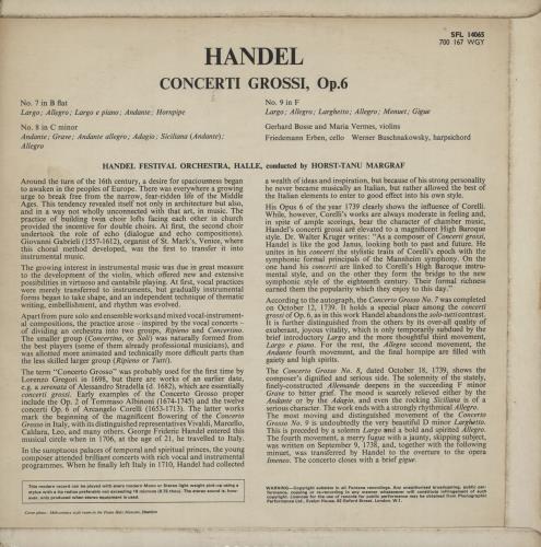 George Frideric Handel Concerti Grossi, Op.6 vinyl LP album (LP record) UK HJRLPCO750576