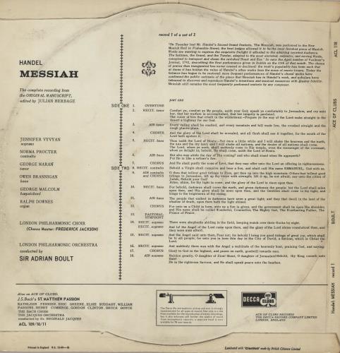 George Frideric Handel Messiah - EX 2-LP vinyl record set (Double LP Album) UK HJR2LME761509