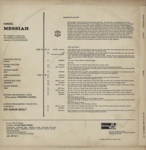 George Frideric Handel Messiah - EX 2-LP vinyl record set (Double LP Album) UK HJR2LME761509