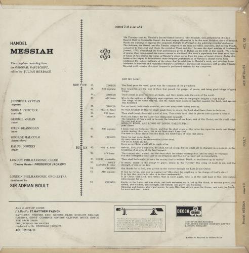 George Frideric Handel Messiah - EX 2-LP vinyl record set (Double LP Album) UK HJR2LME761509