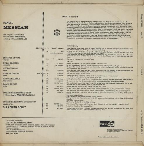 George Frideric Handel Messiah 2-LP vinyl record set (Double LP Album) UK HJR2LME760207
