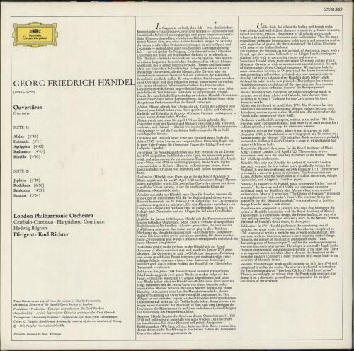 George Frideric Handel Overtures vinyl LP album (LP record) German HJRLPOV875089