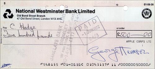 George Harrison Autographed Cheque memorabilia UK GHAMMAU443039