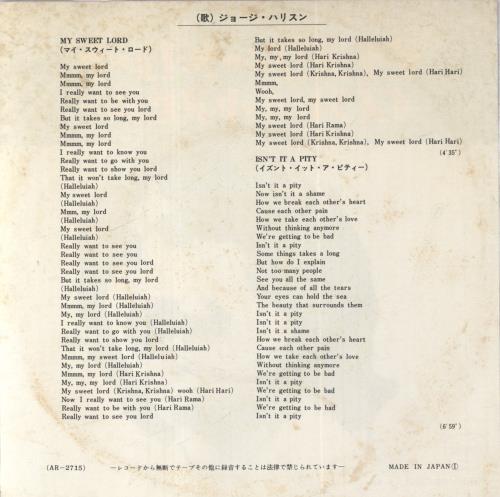 George Harrison My Sweet Lord - �500 7" vinyl single (7 inch record / 45) Japanese GHA07MY844906