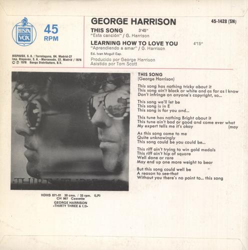 George Harrison This Song 7" vinyl single (7 inch record / 45) Spanish GHA07TH137020