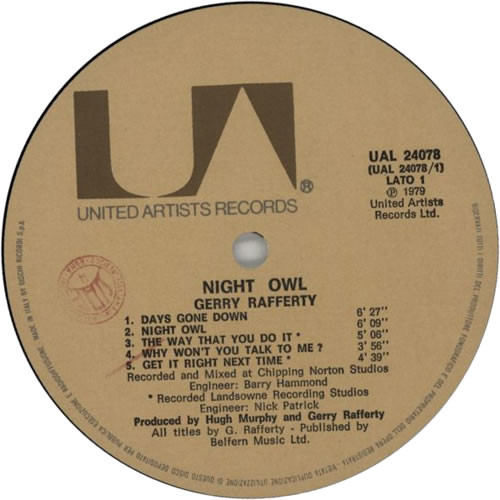 Gerry Rafferty Night Owl vinyl LP album (LP record) Italian GERLPNI579120