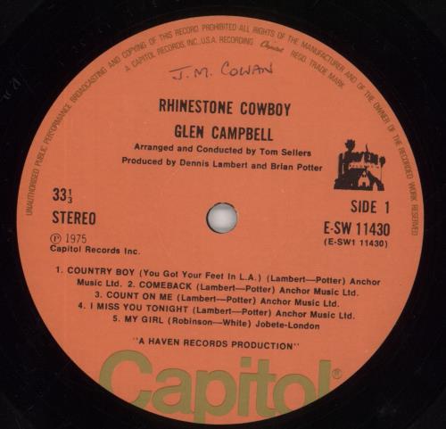 Glen Campbell Rhinestone Cowboy vinyl LP album (LP record) UK GLCLPRH449285