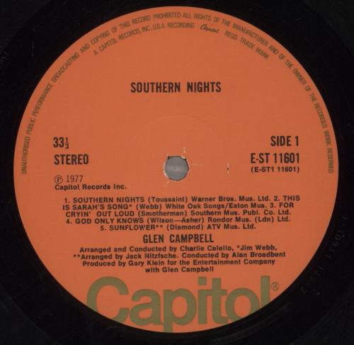 Glen Campbell Southern Nights vinyl LP album (LP record) UK GLCLPSO615891