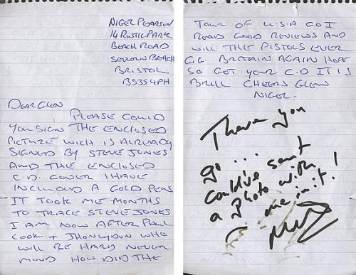 Glen Matlock Handwritten Glen Matlock Letter memorabilia UK GMKMMHA369352