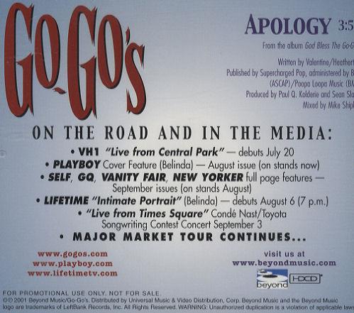 Go-Go's Apology CD single (CD5 / 5") US GOGC5AP192468