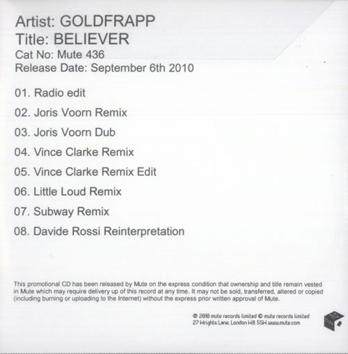 Goldfrapp Believer CD-R acetate UK FPPCRBE528868