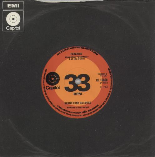 Grand Funk Railroad Paranoid 7" vinyl single (7 inch record / 45) UK GFR07PA435711