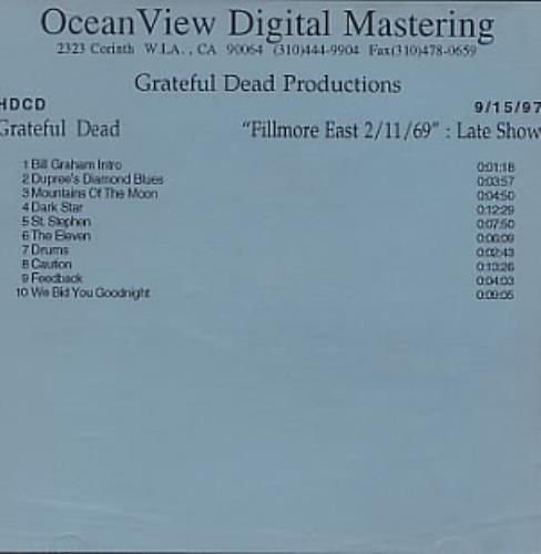 Grateful Dead Fillmore East 2/11/69: Late Show CD-R acetate US GRDCRFI150922