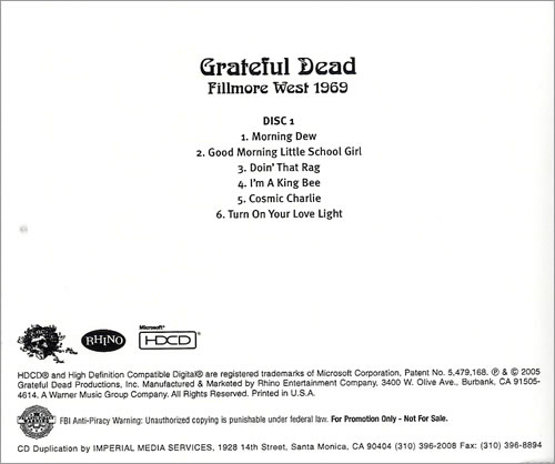 Grateful Dead Fillmore West 1969 CD-R acetate US GRDCRFI483414