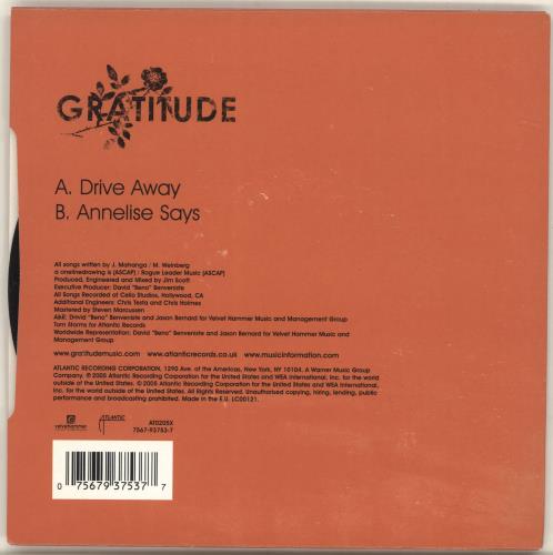 Gratitude Drive Away - Orange Sleeve 7" vinyl single (7 inch record / 45) UK GTU07DR693664