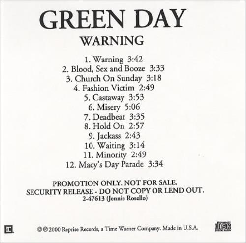 Green Day Warning CD-R acetate US GRNCRWA169282