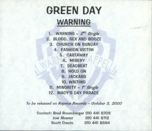 Green Day Warning CD-R acetate US GRNCRWA526451