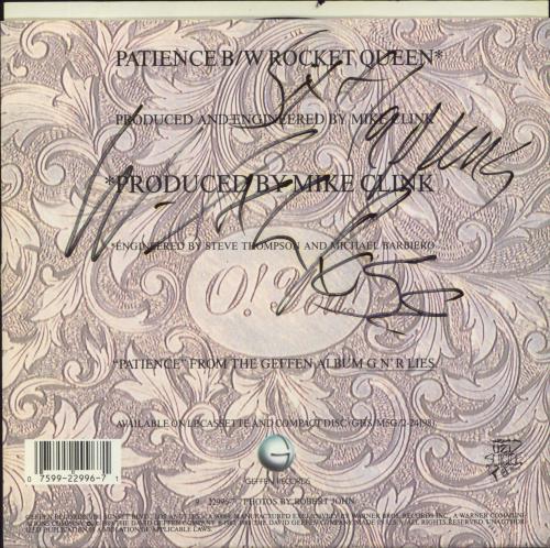 Guns N Roses Patience - Autographed 7" vinyl single (7 inch record / 45) US GNR07PA810027